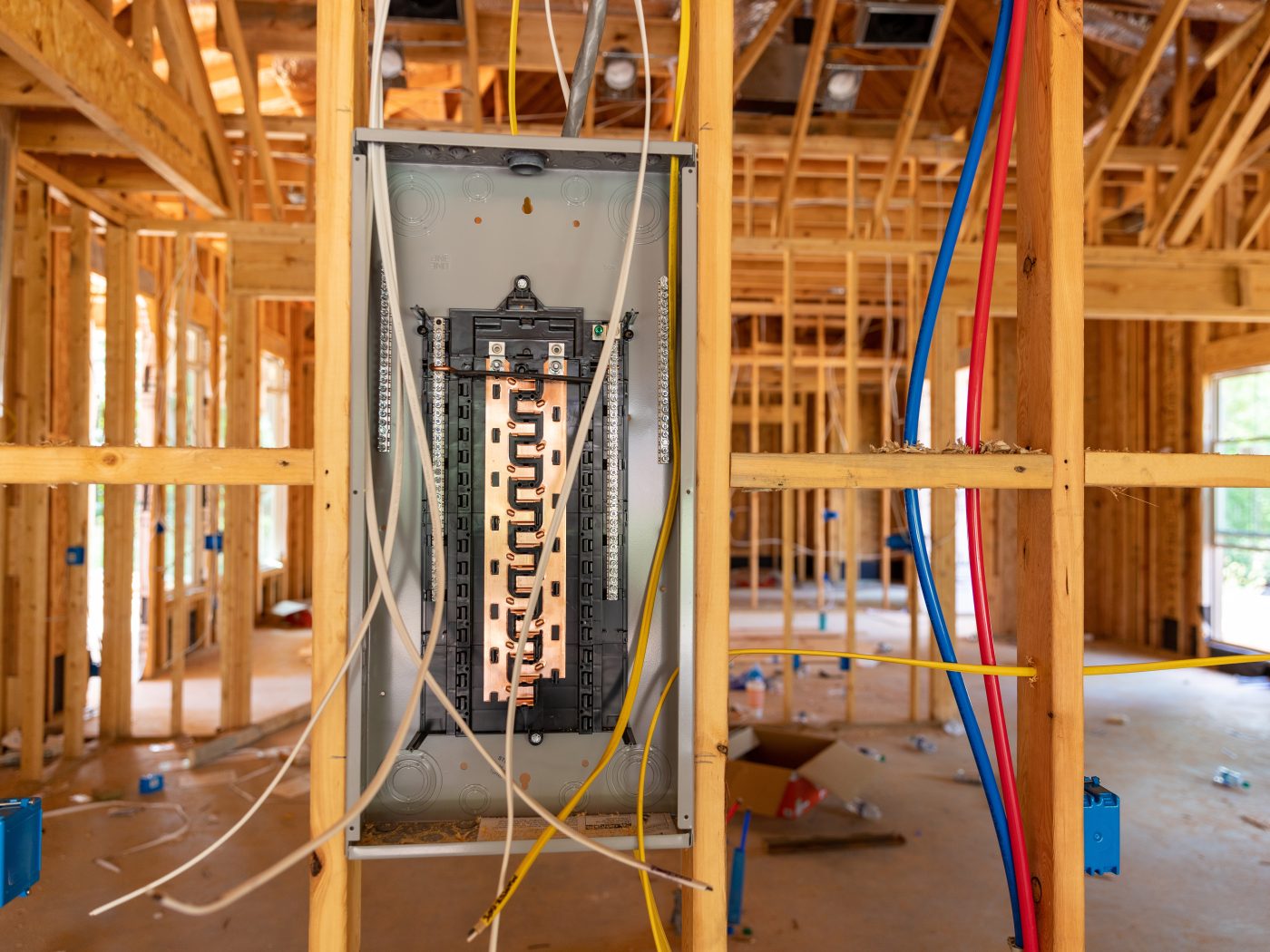 New-construction electrical panel and rough-in wiring run through wall framing, representative of new-construction and remodel wiring.