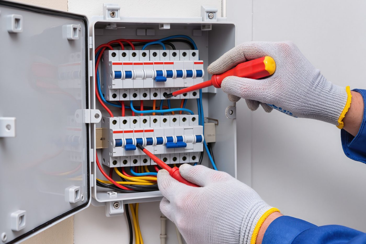 Electrician working at the terminals of a main electrical panel, where whole-home surge protection is installed.