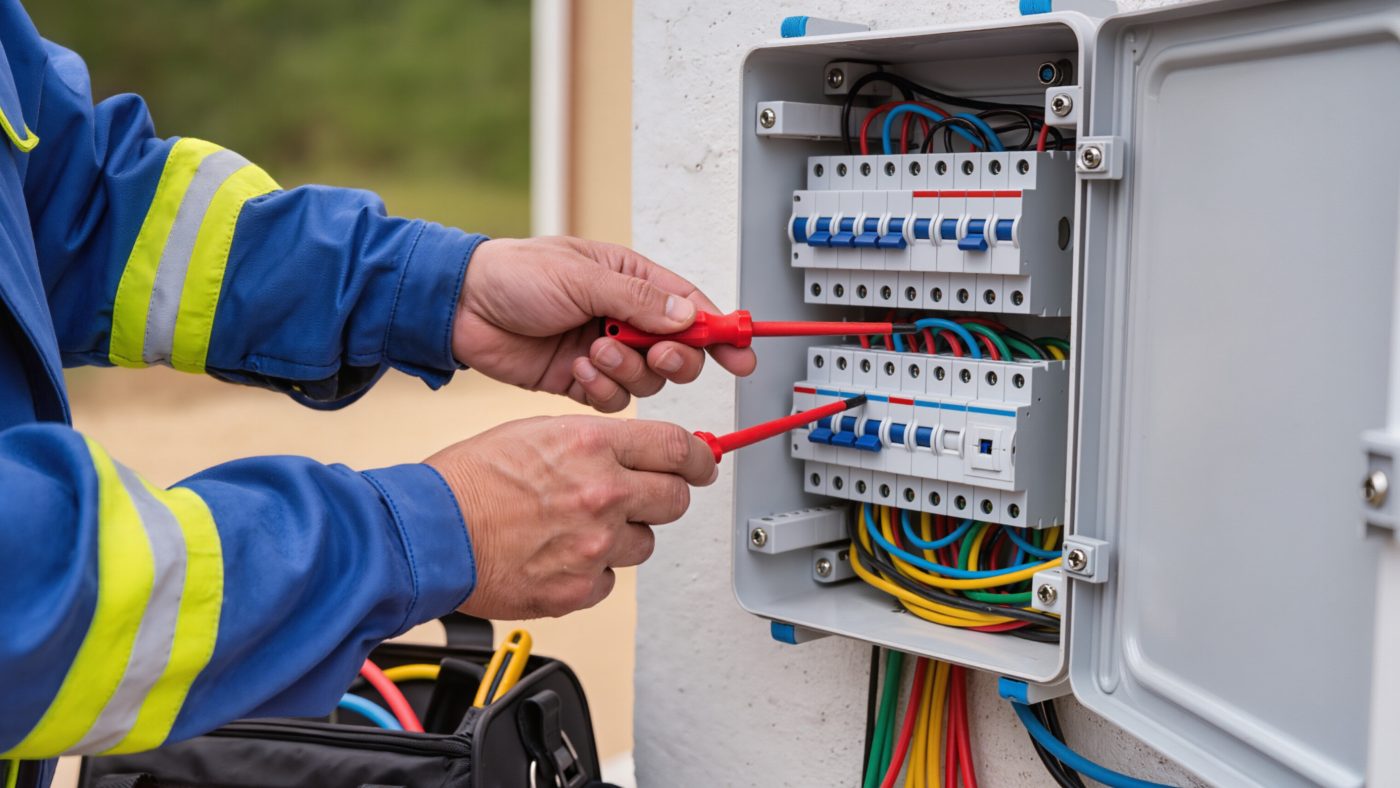 Electrician working in a residential service panel, representative of NCIS electrical services.