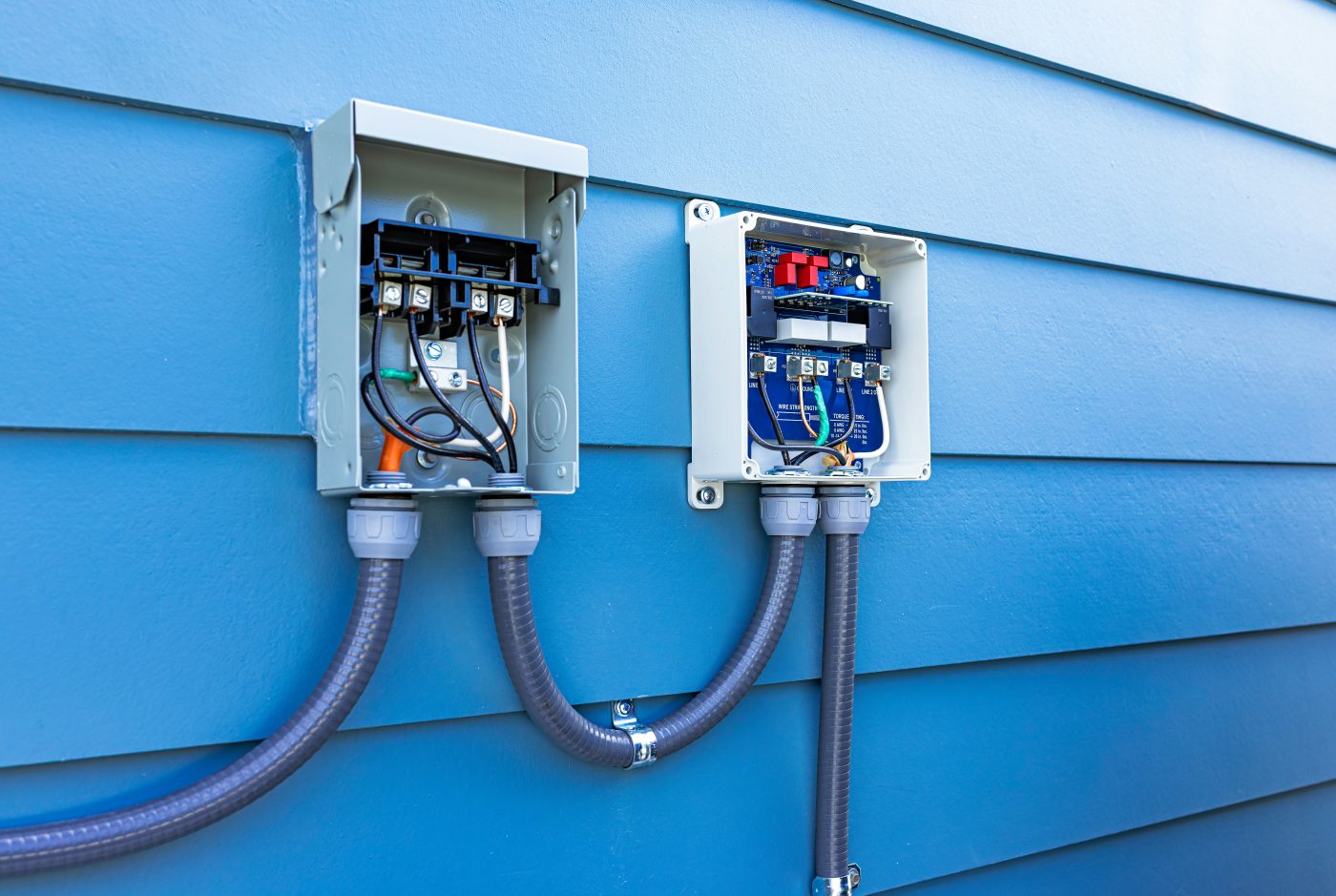 Exterior transfer switch and disconnect for a standby generator, wired during installation.