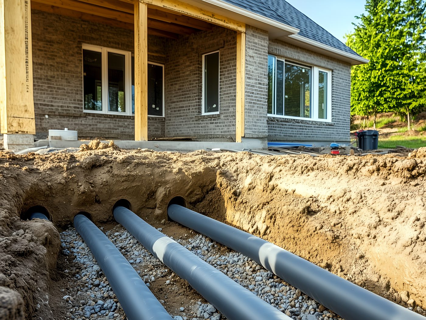 Geothermal ground-loop piping laid in an excavated trench running to a North Central Iowa home during installation.