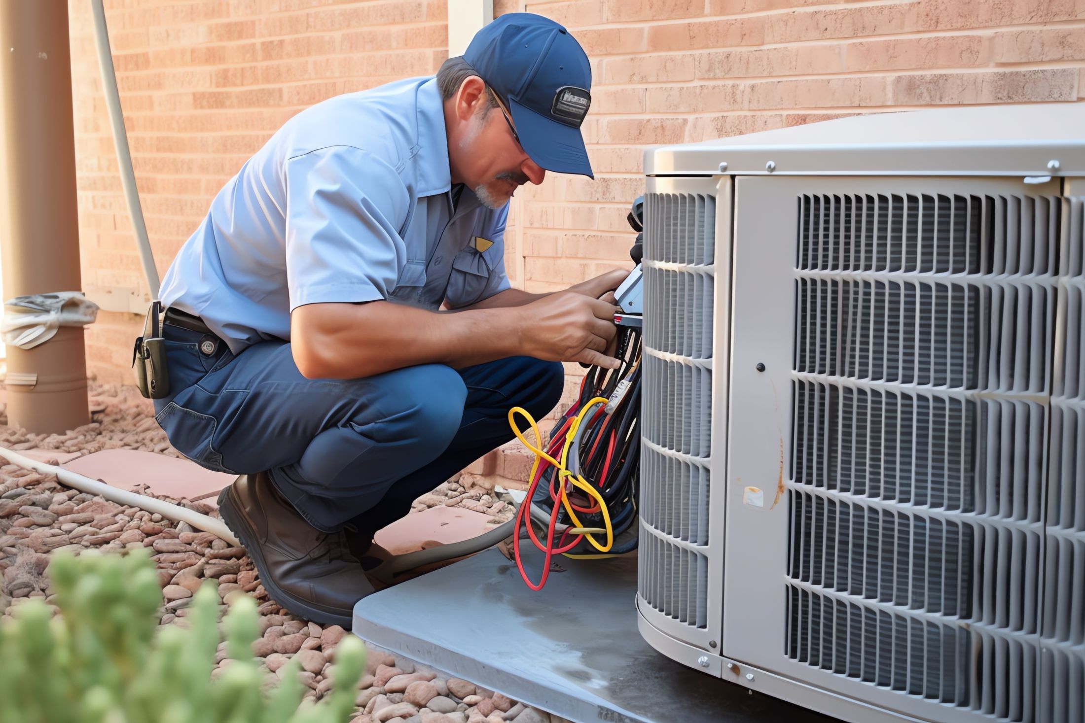NCIS technician servicing a residential air conditioning condenser, representative of NCIS heating and cooling services.
