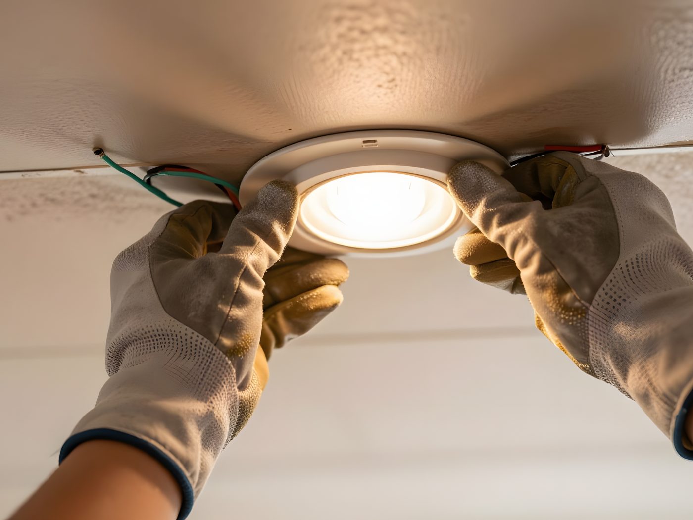 Gloved hands installing a recessed LED ceiling light fixture, representative of lighting and LED work.