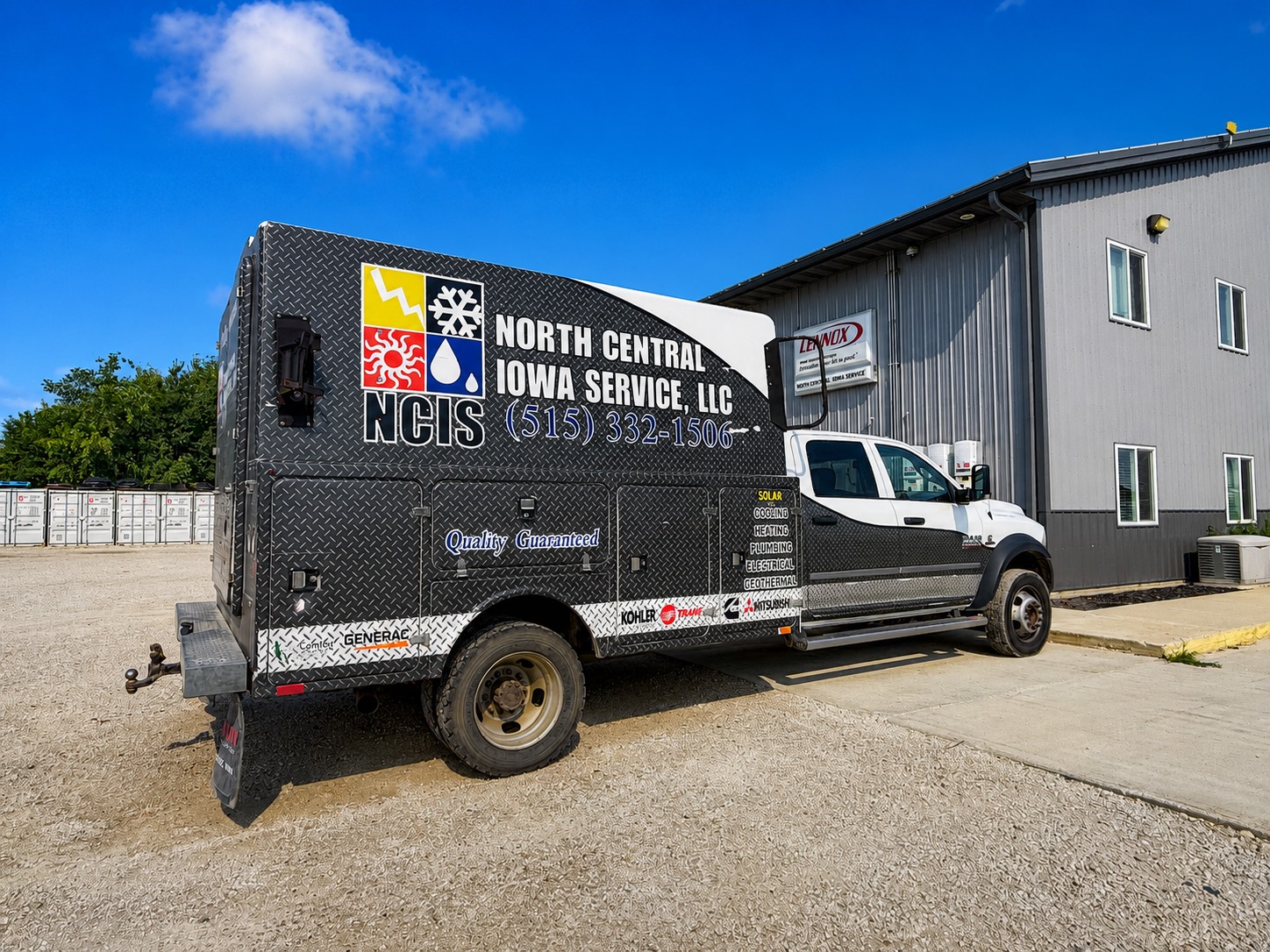 An NCIS service truck parked outside the North Central Iowa Service shop in Humboldt, Iowa.