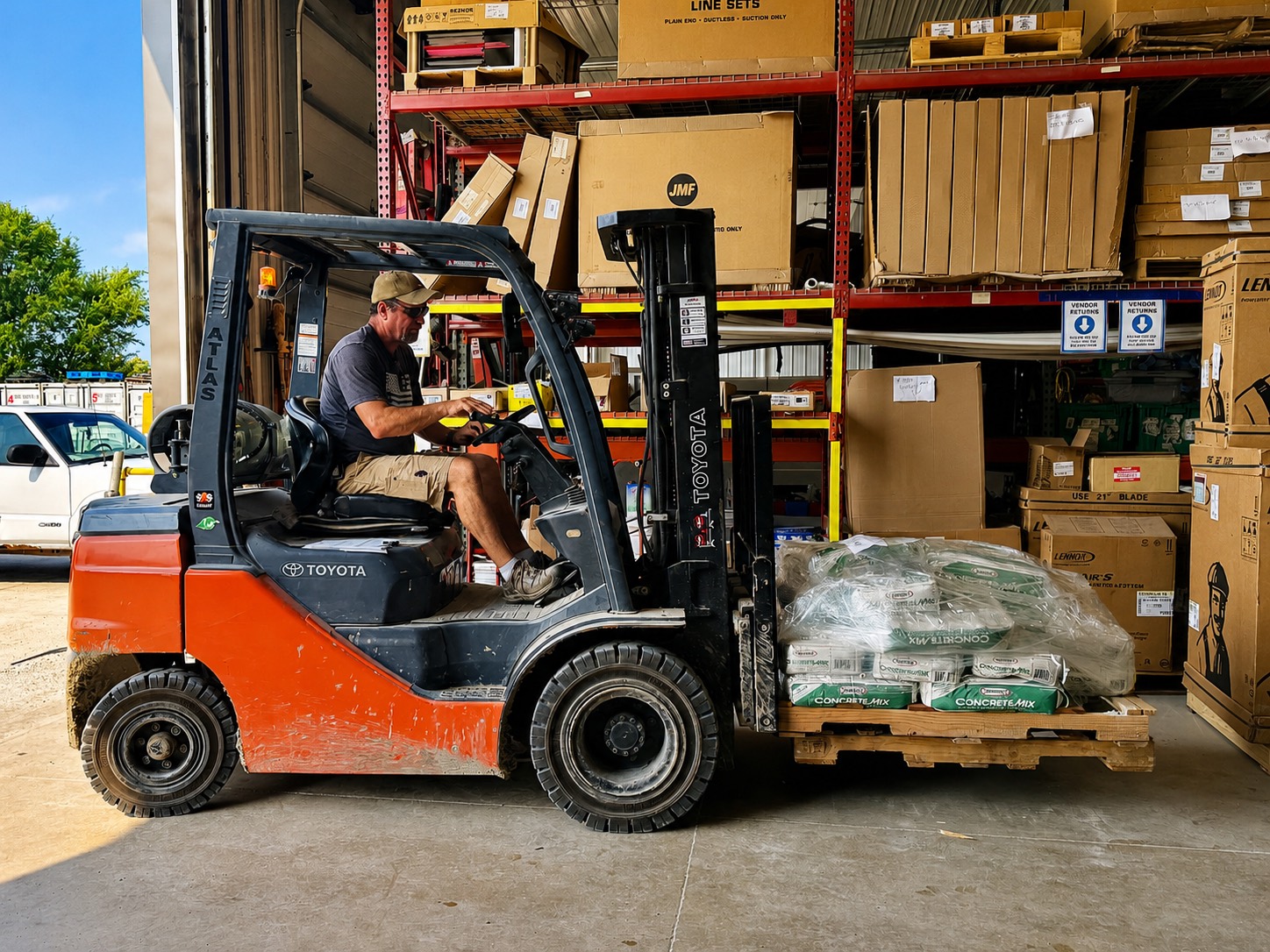 An NCIS team member running a forklift to load a pallet of material at the Humboldt warehouse.