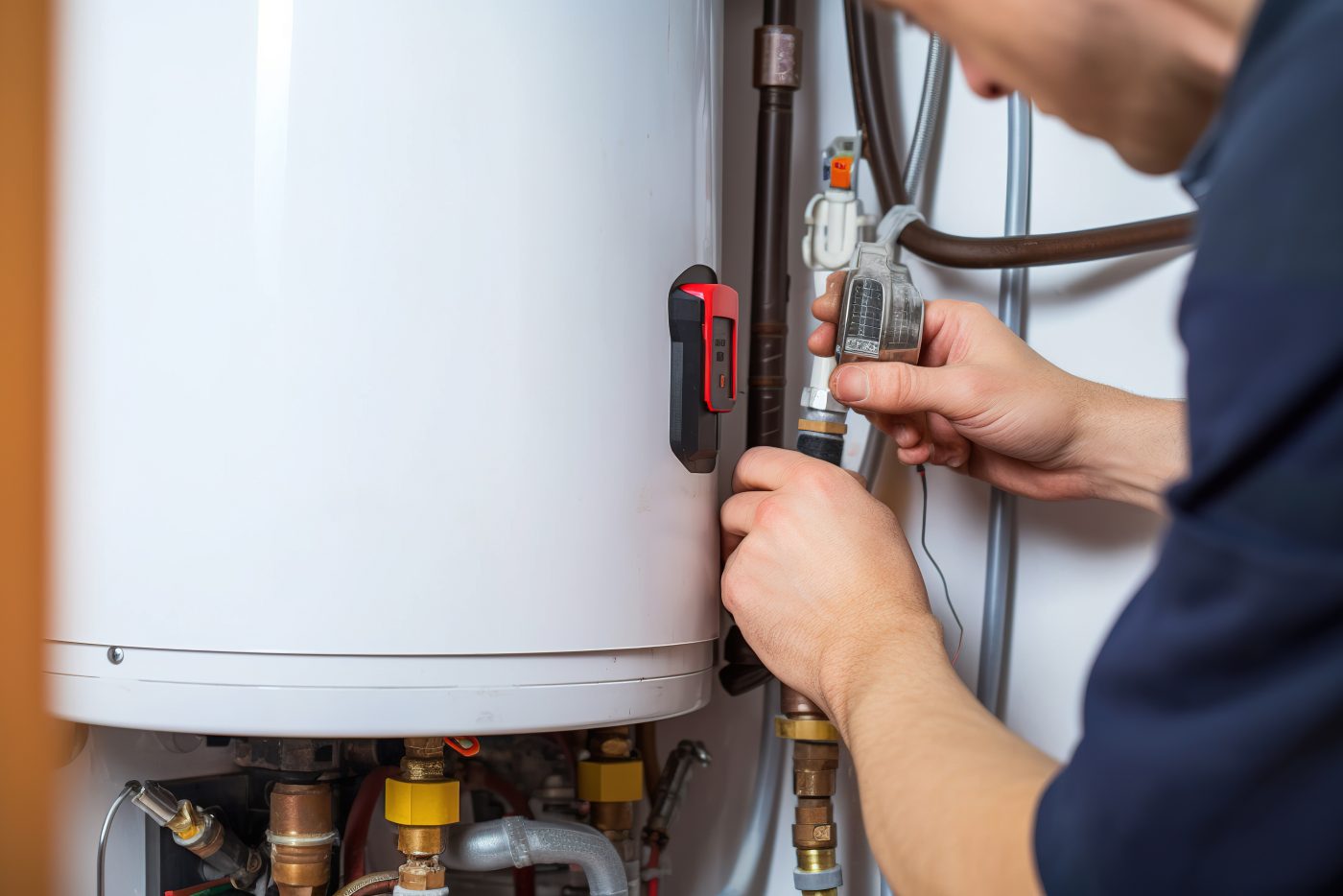 NCIS plumber servicing a residential water heater, representative of NCIS plumbing services.