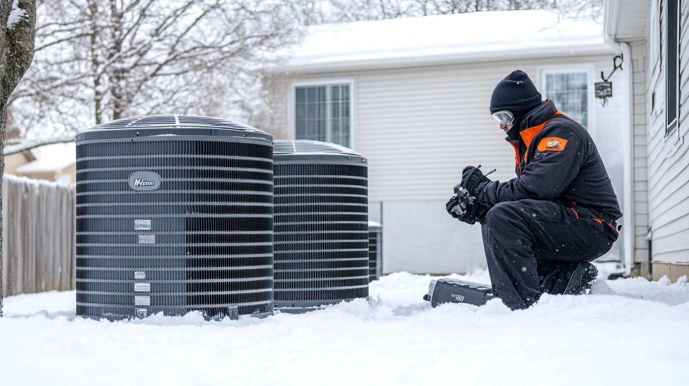 NCIS technician servicing outdoor units in deep snow during an Algona-area winter.